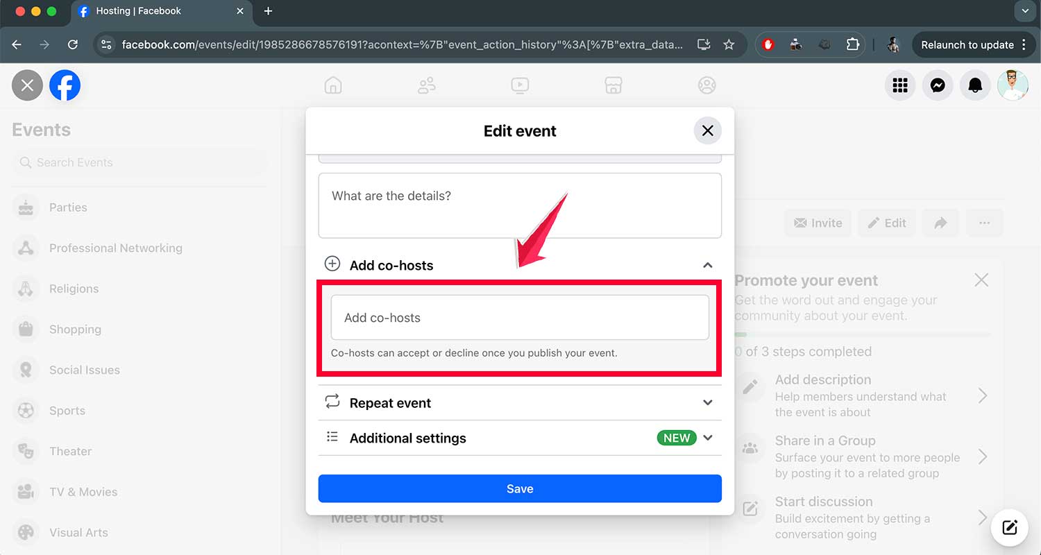 type in the name of a facebook friend you want to add as a co host