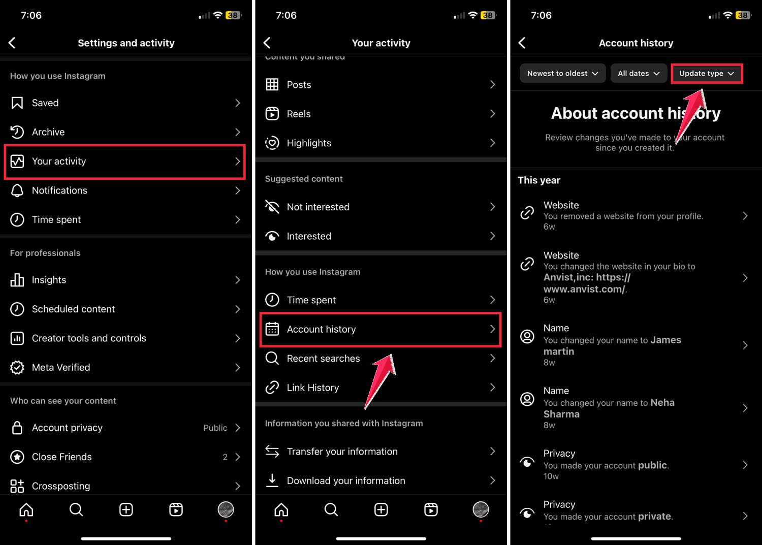 your activity then click on account history and tap update type